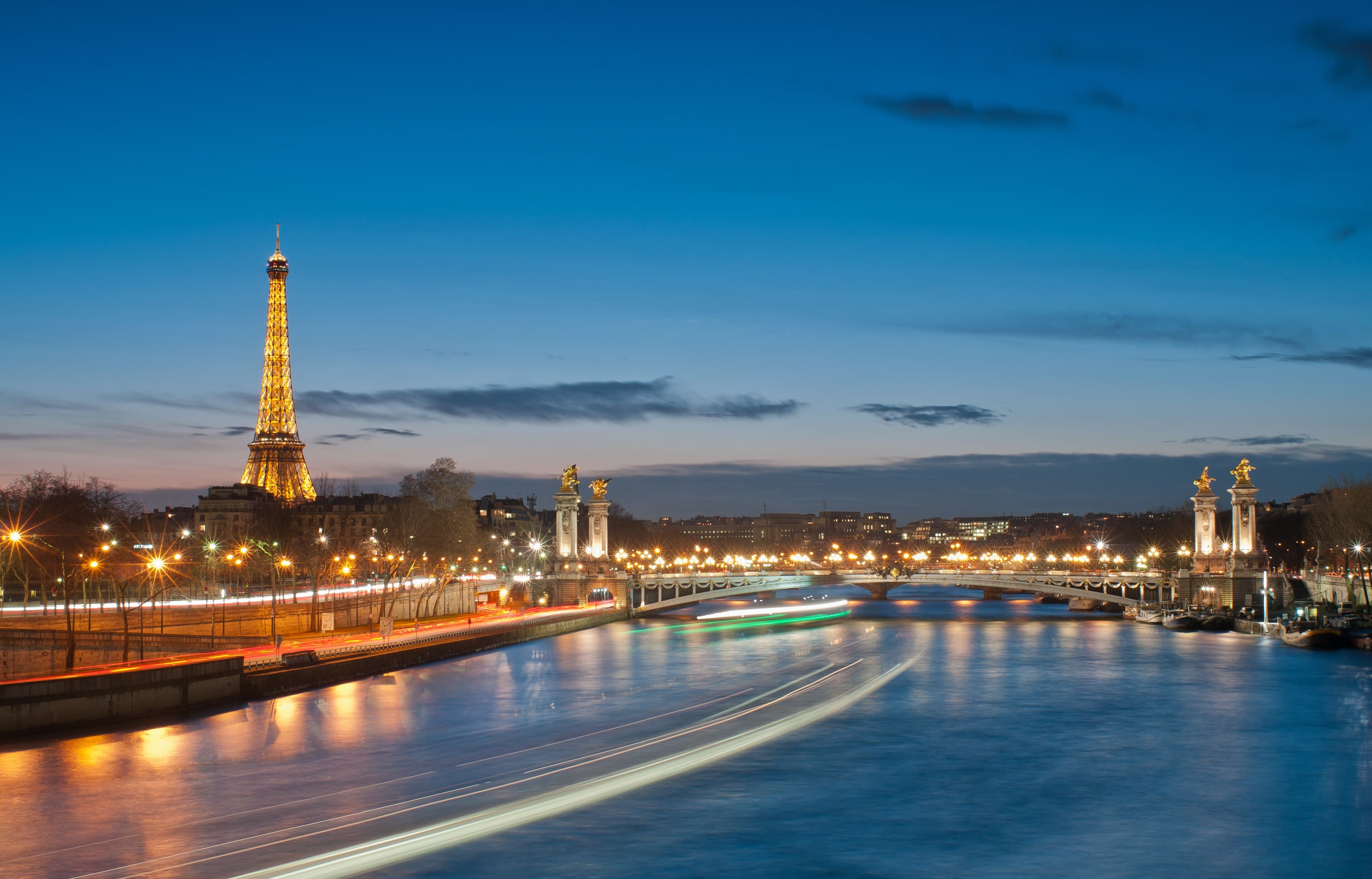 Eiffel Tower and Pont Alexandre III at night, Paris