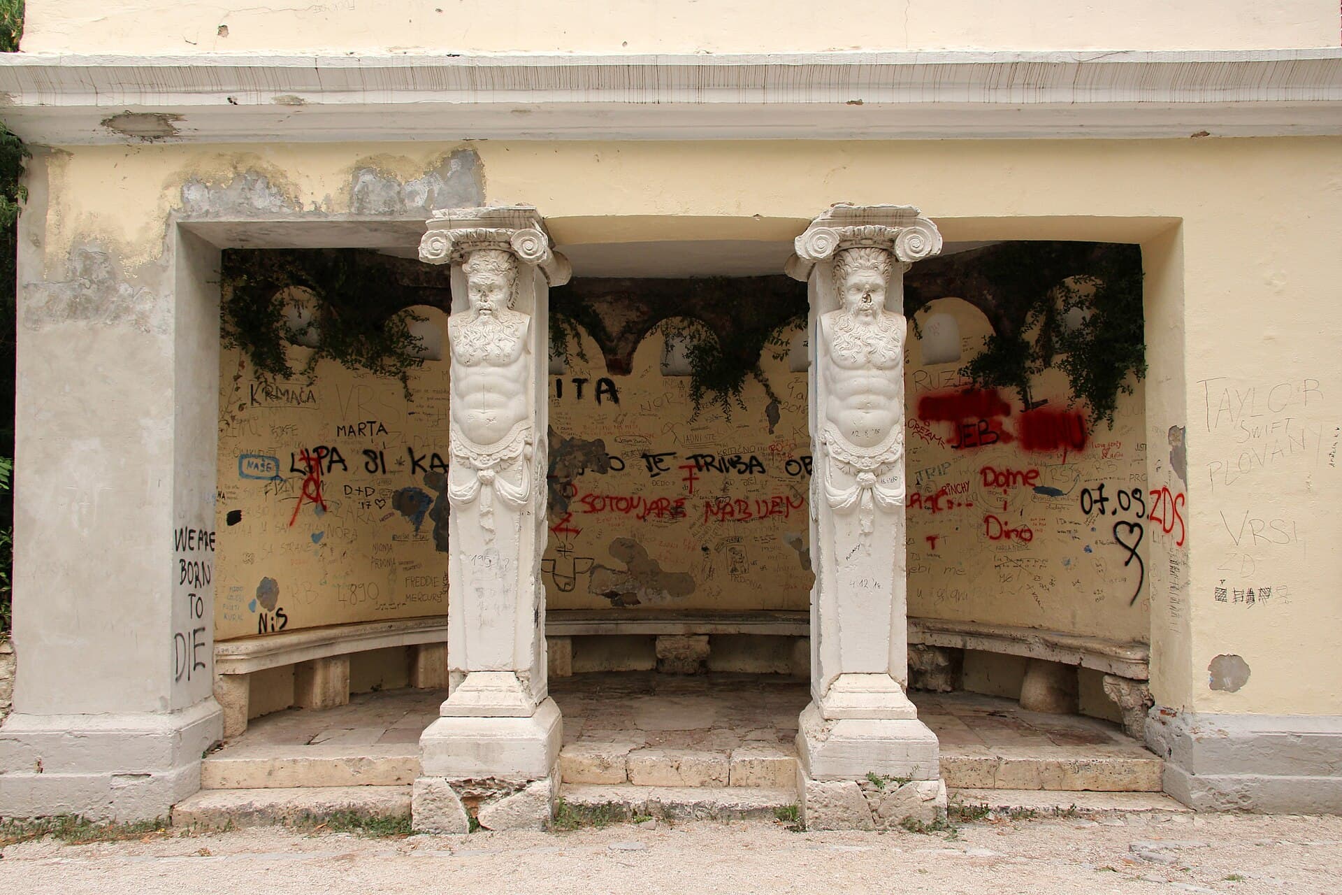 The pavilion's stone benches from inside