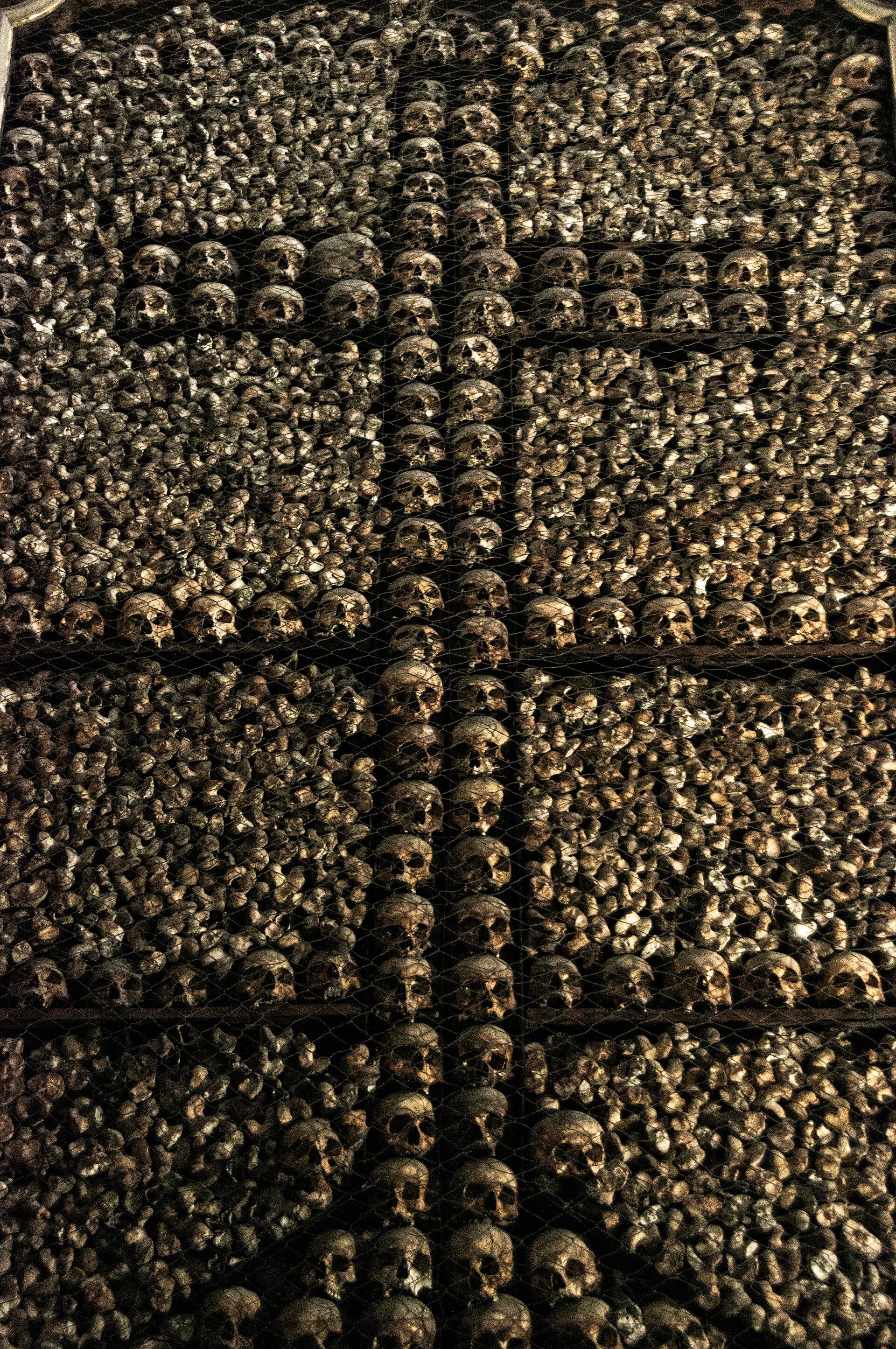 Skulls arranged in the shape of a crucifix in the ossuary of San Bernardino alle Ossa, Milan