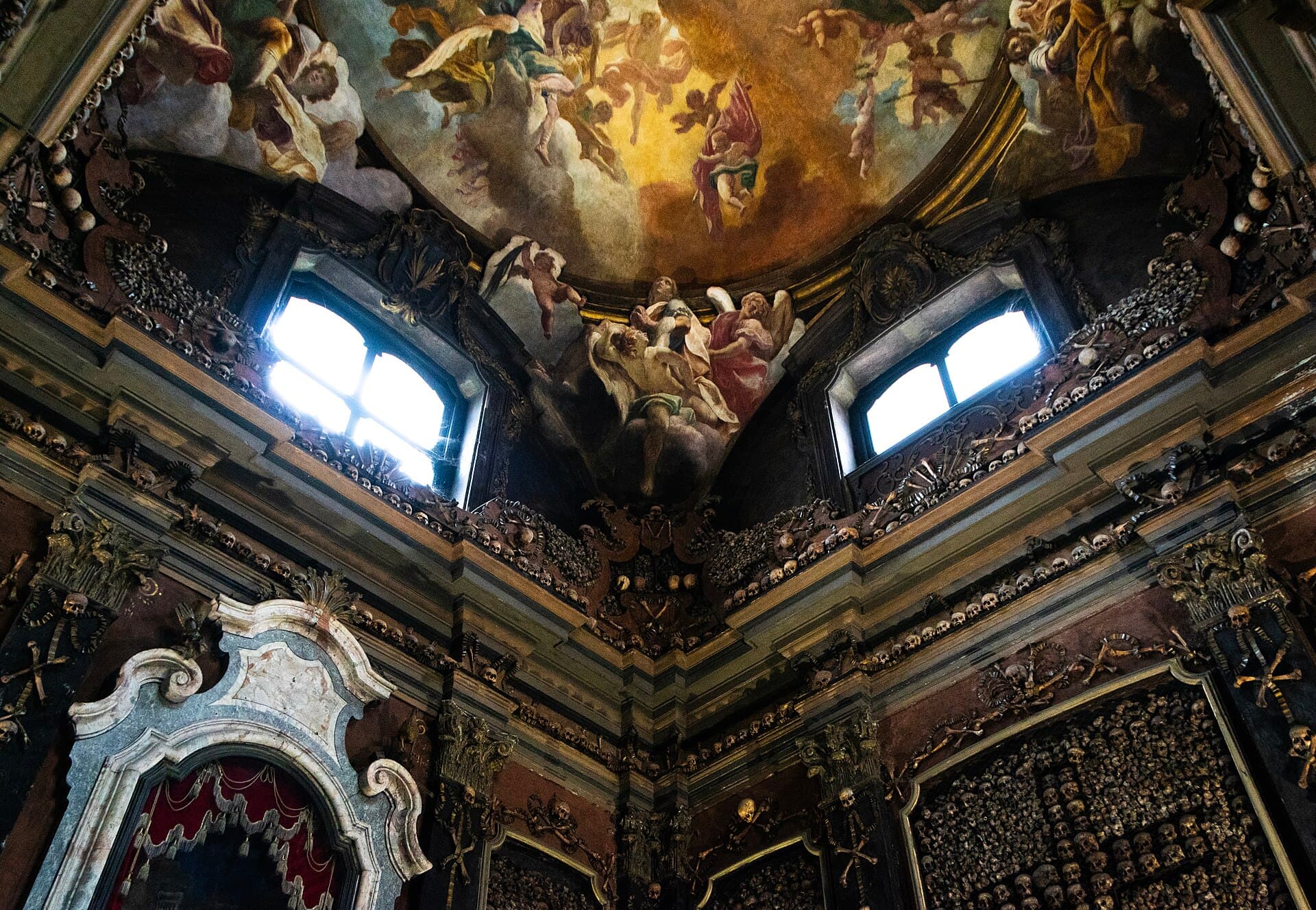A corner and pendentive of the ossuary, decorated with skulls, Milan
